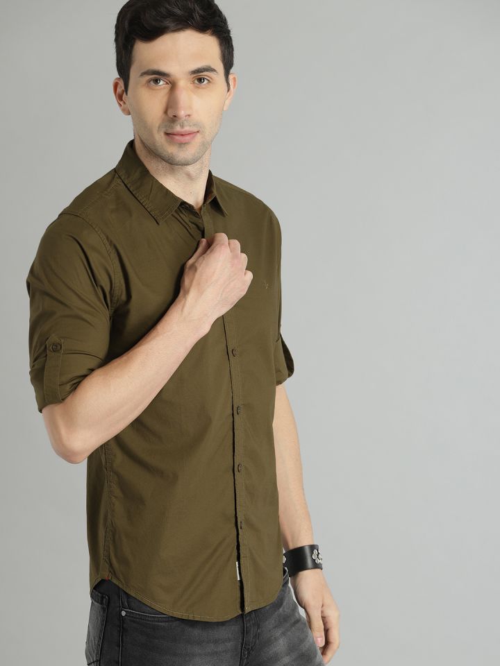 Roadster Men Olive Green Solid Sustainable Casual Shirt
