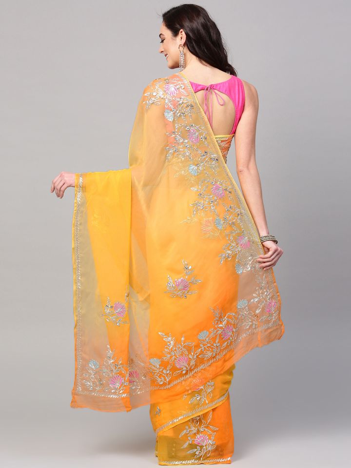 Geroo Jaipur Orange Yellow Gotta Patti Work Pure Chiffon Saree