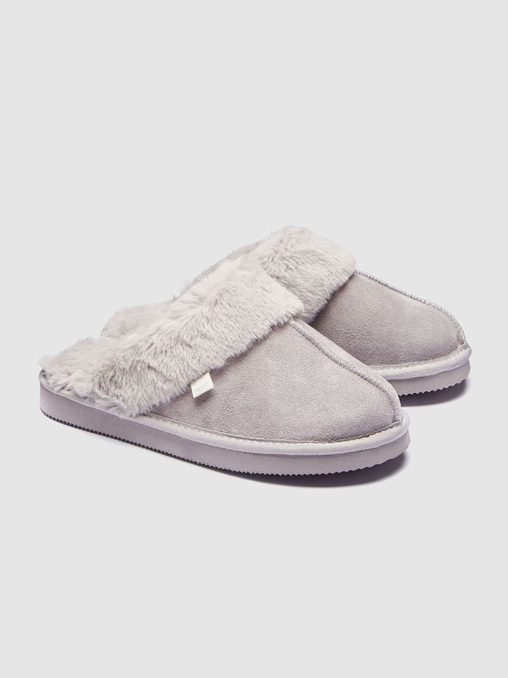 next Women Grey Solid Leather Room Slippers