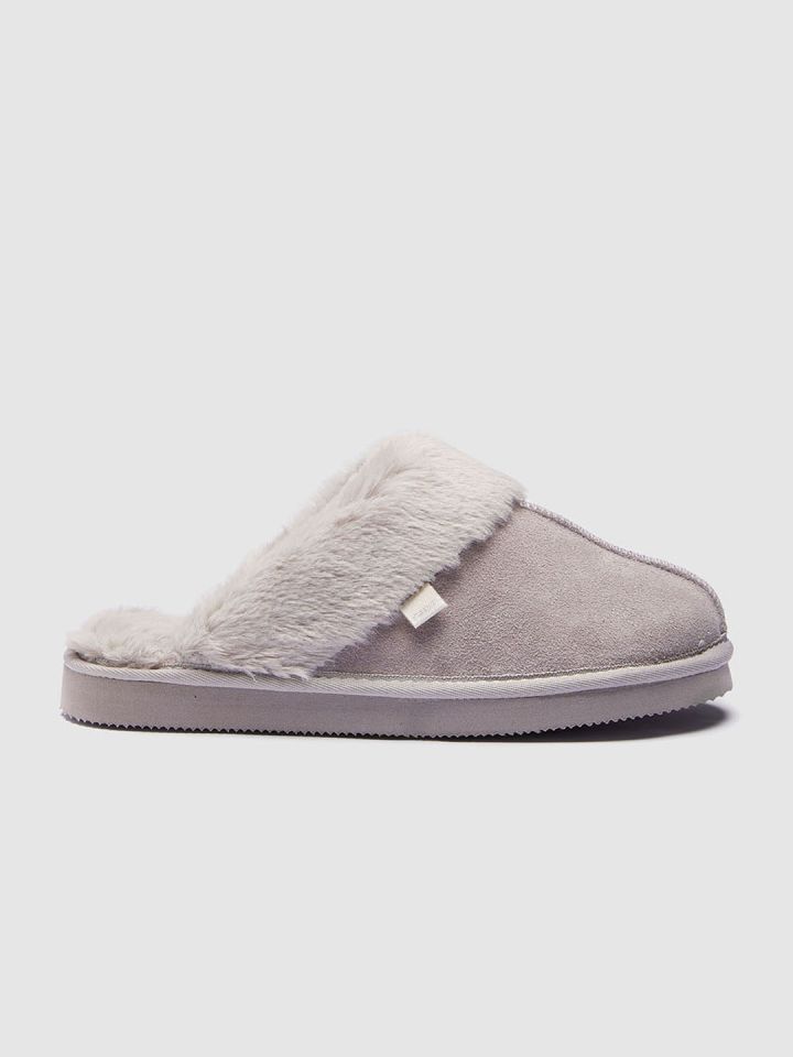next Women Grey Solid Leather Room Slippers