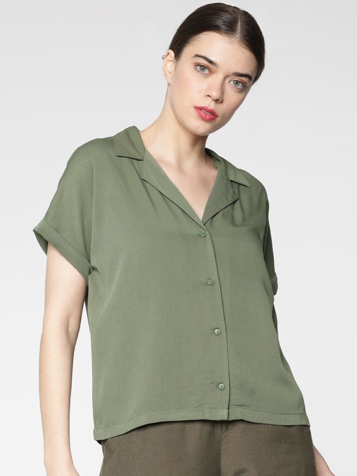 Women Green Solid Short Sleeves Shirt