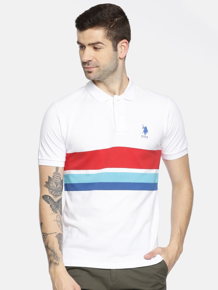 Buy U.S. Polo Assn. Men White Red Striped Polo Collar Pure Cotton