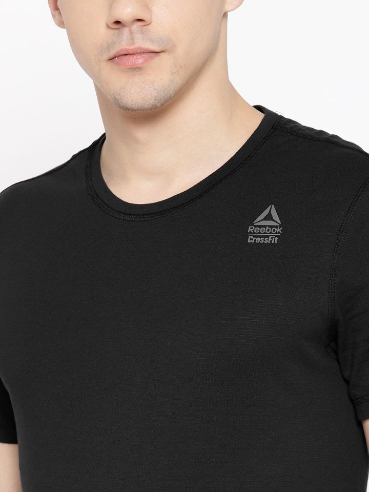 Reebok Crossfit Men Black Solid Slim Fit Mesh Move Training T shirt