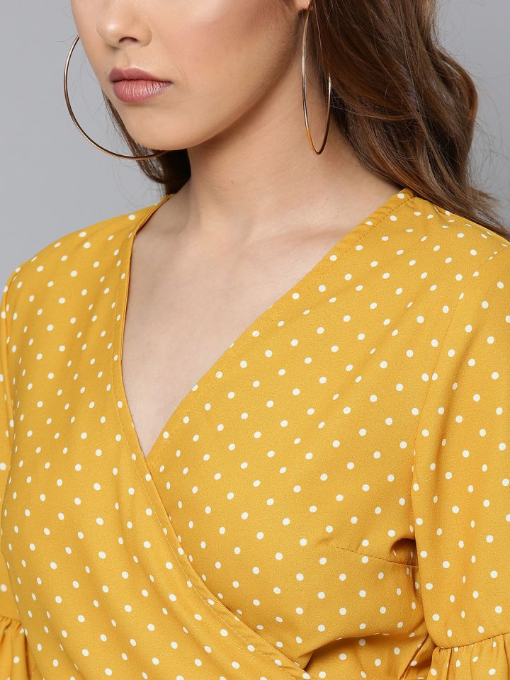 Buy Harpa Mustard Yellow Polka Dot Print Wrap Top - Tops for Women