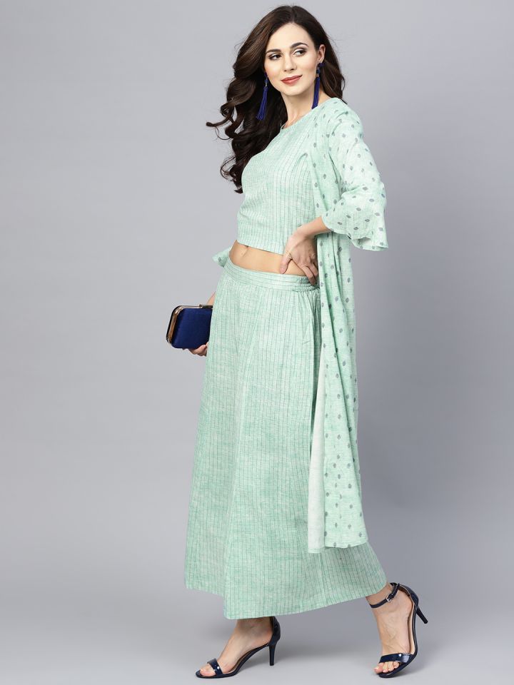 Buy Ishin Women Sea Green Striped Crop Top With Palazzo Ethnic