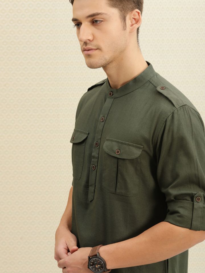 Buy House Of Pataudi Men Olive Green Solid Pathani Kurta Kurtas