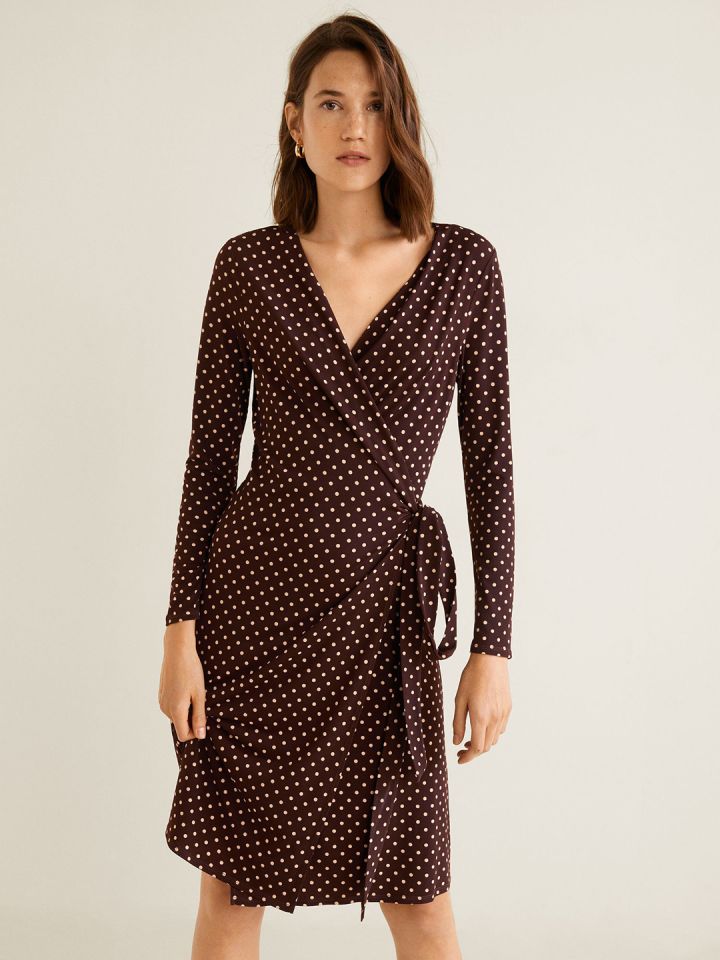 Buy MANGO Women Coffee Brown Printed Wrap Dress Dresses for