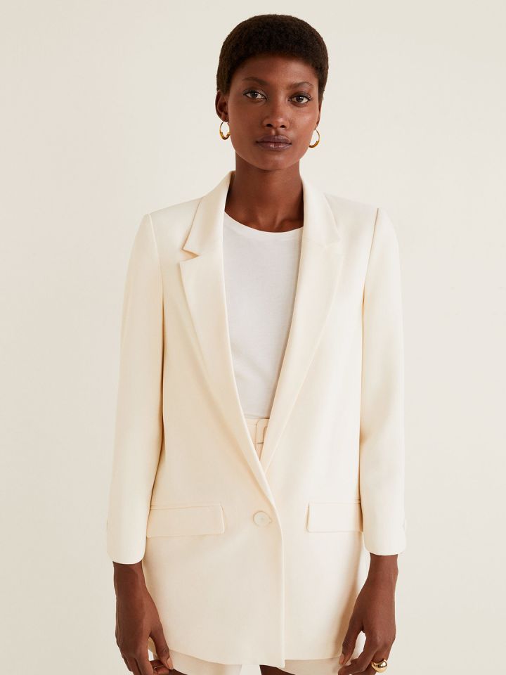 MANGO Women Cream Coloured Solid Single Breasted Casual Blazer