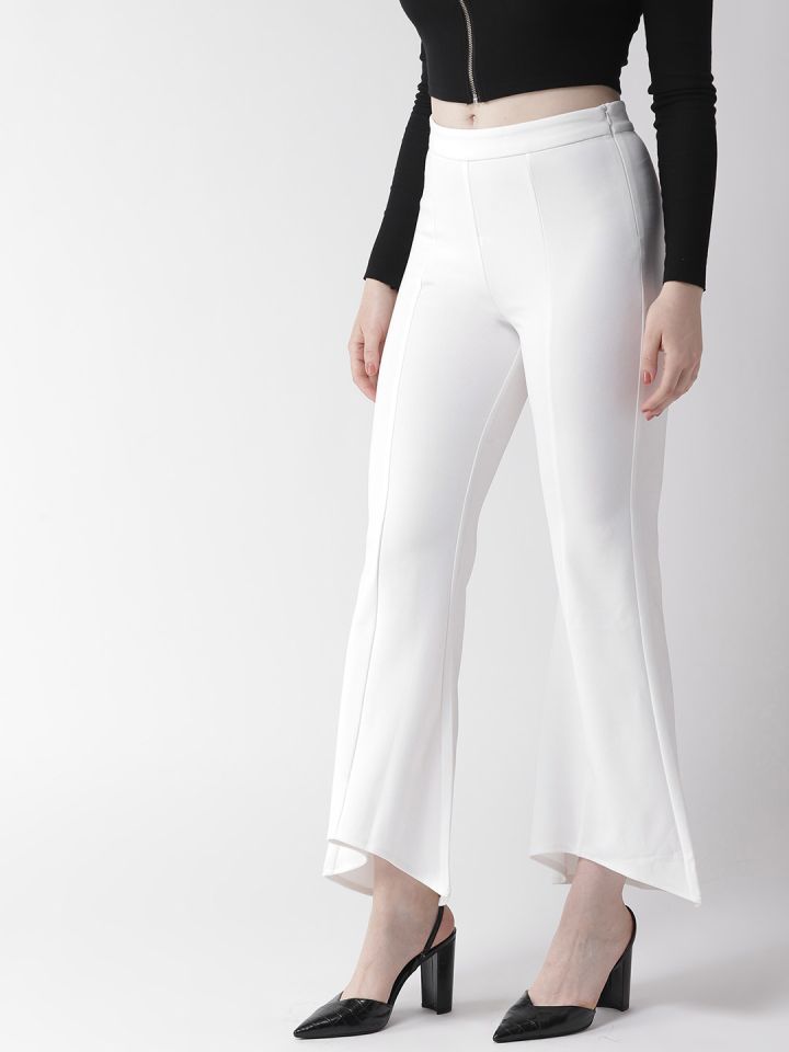 Buy Madame Women White Regular Fit Solid Cropped Bootcut Trousers - Trousers  for Women 9134167
