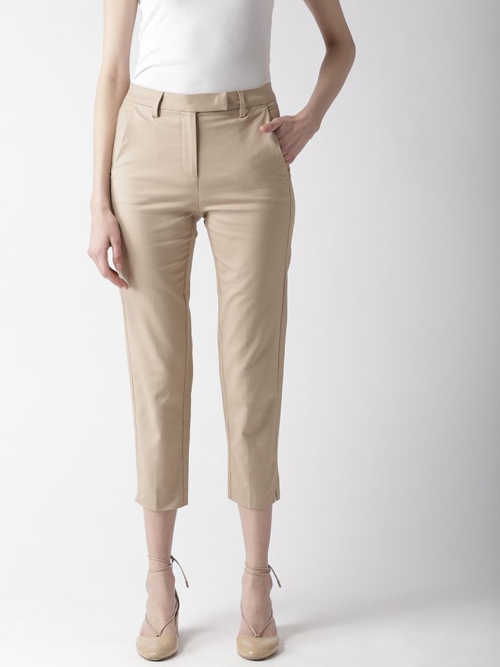 Marks & Spencer Women Beige Slim Fit Solid Cropped Trousers