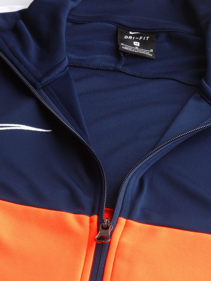 Nike Men Navy Blue Orange Colourblocked Slim Fit ACDMY TRK 196 Dri FIT Football Jacket