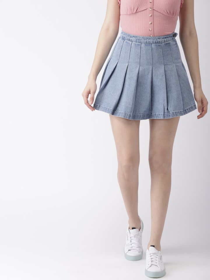 FOREVER 21 Women Blue Washed Flared Denim Mini Pure Cotton Skirt