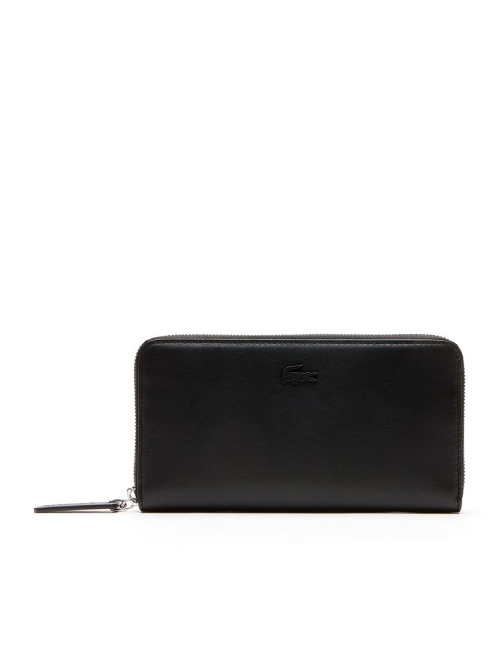Buy Lacoste Women Black Textured Zip Around Leather Wallet