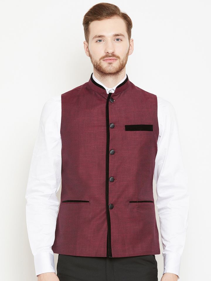 Buy Shaftesbury London Men Burgundy Solid Smart Casual Nehru