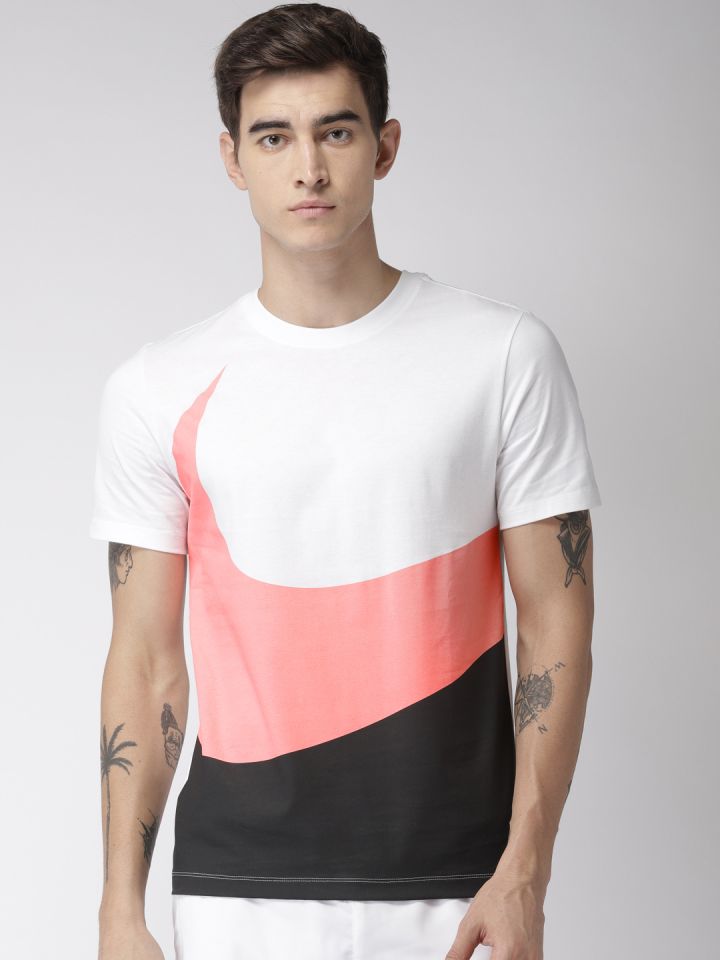 Nike Men White Pink Standard Fit Colourblocked Round Neck Hbr Swoosh 1 Pure Cotton T shirt
