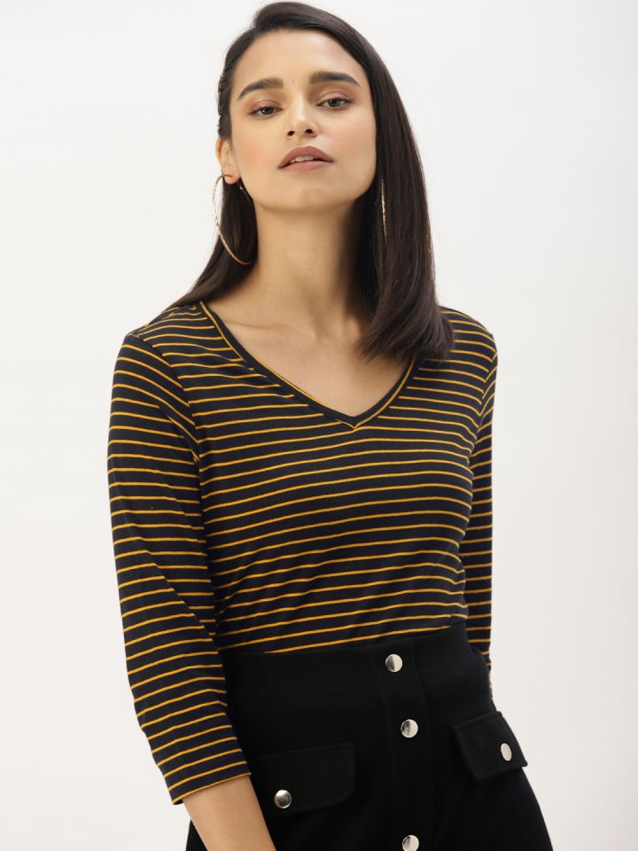 Buy DressBerry Black & Mustard Yellow Striped Pure Cotton Top - Tops for  Women 9265377