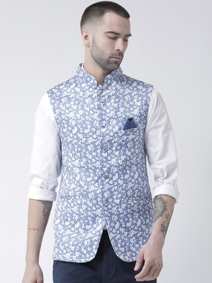 white printed nehru jacket