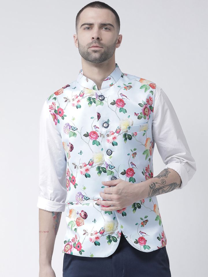 Hangup Men Multicoloured Printed Linen Nehru Jacket
