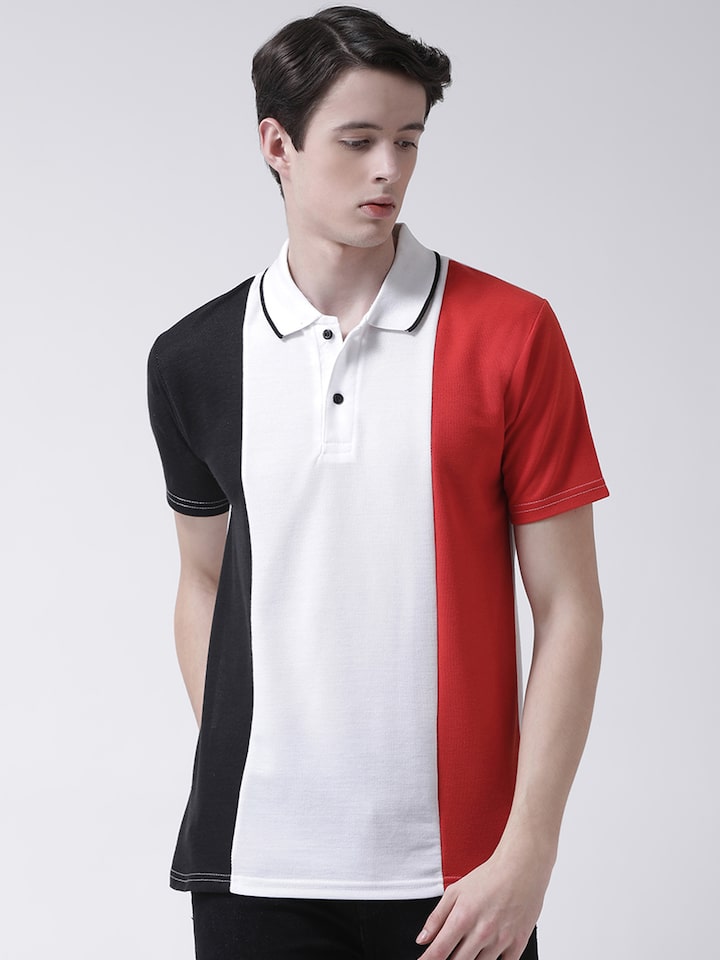 red black and white t shirt