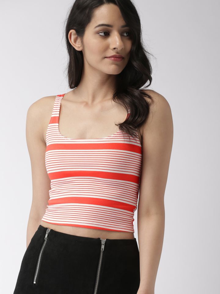 FOREVER 21 Women Coral Red White Striped Crop Top