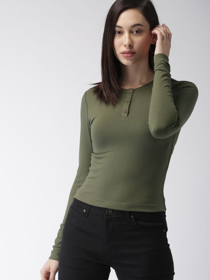 Buy Forever 21 Women Olive Green Solid Henley Neck T Shirt Tshirts For Women 9345919 Myntra
