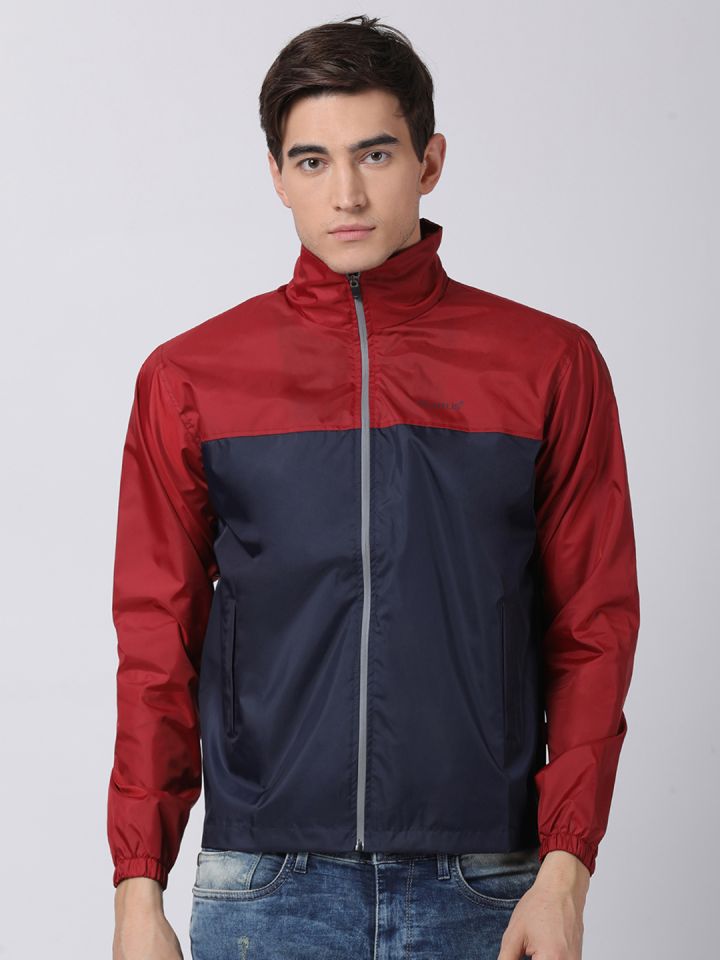 Buy Plutus Men Navy Blue Red Colourblocked Hooded Windcheater