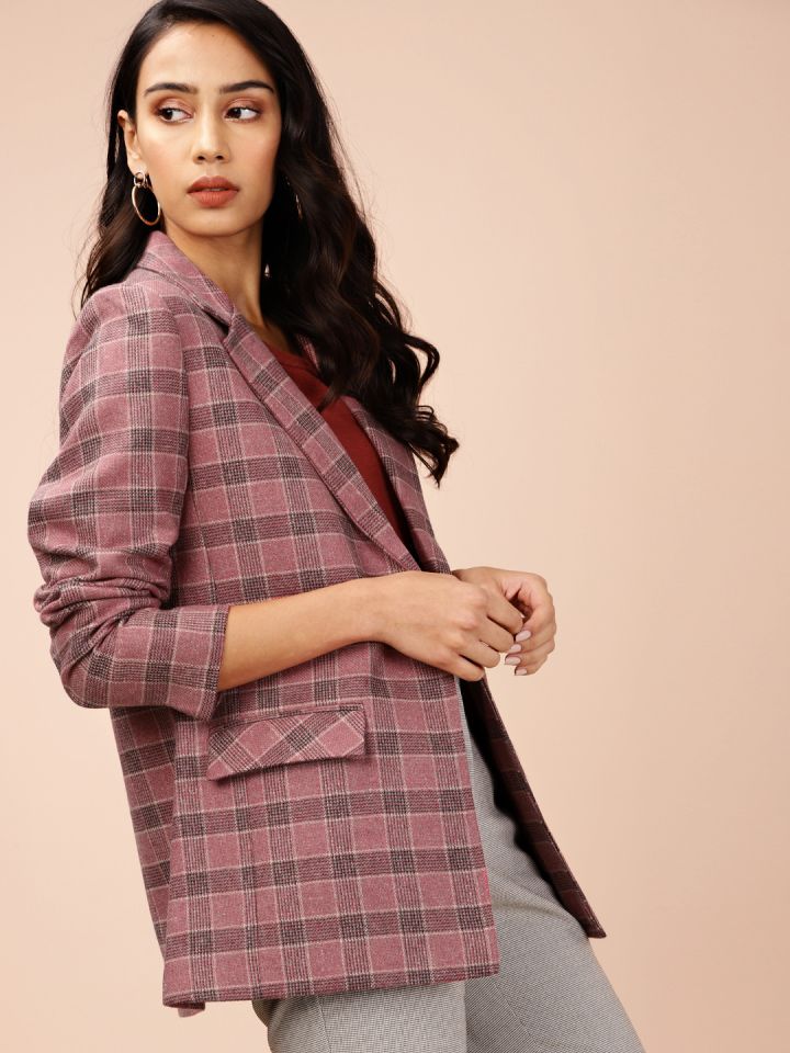Buy All About You Women Pink Checked Single Breasted Casual Blazer