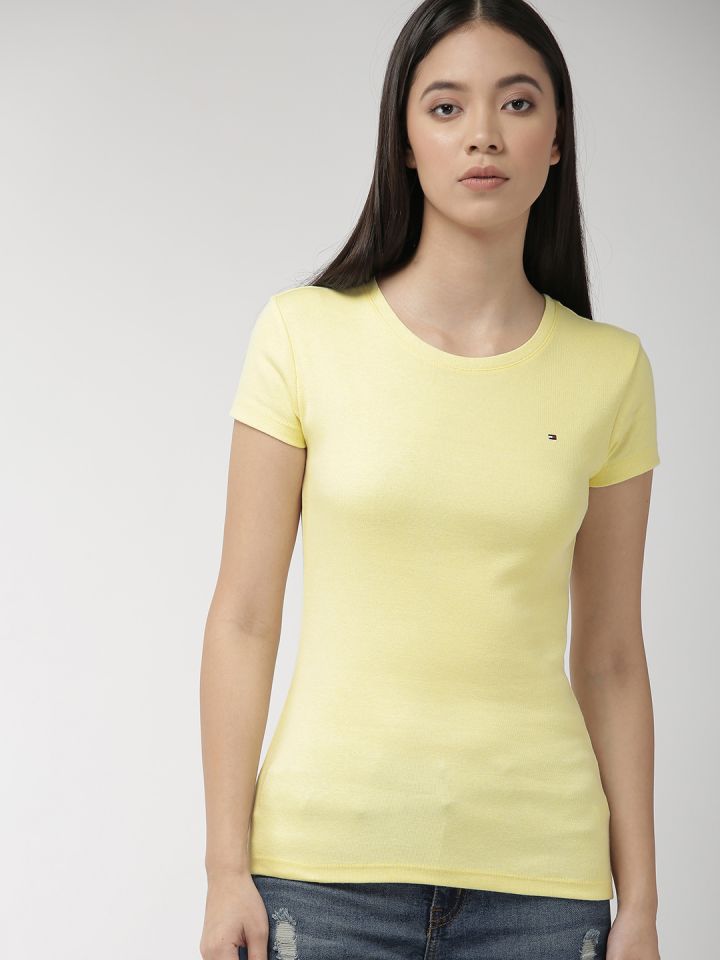 Tommy Hilfiger Women Yellow Solid Round Neck Pure Cotton T shirt