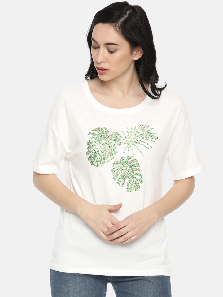 Vero Moda Women White Self Design Round Neck T Shirt