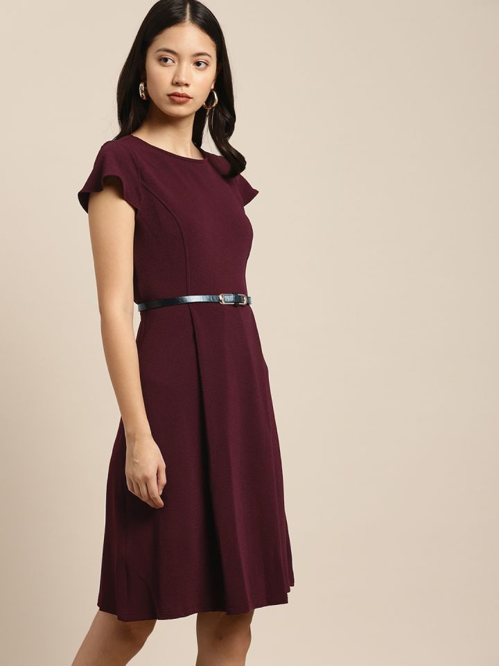 Buy Her By Invictus Women Burgundy Solid Fit And Flare Dress