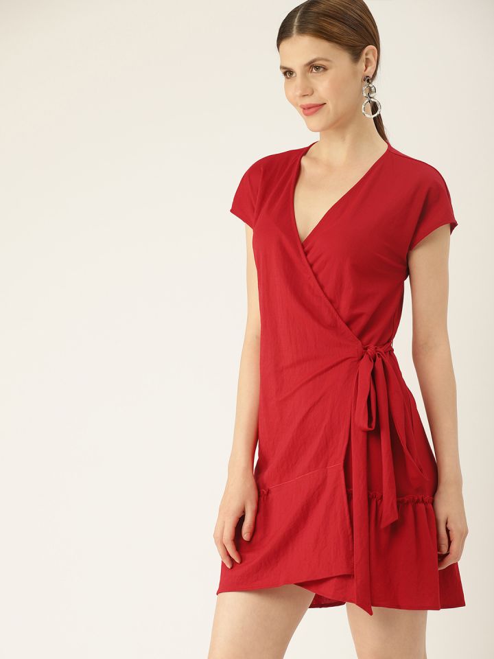 Buy MANGO Women Solid Red Wrap Dress ...