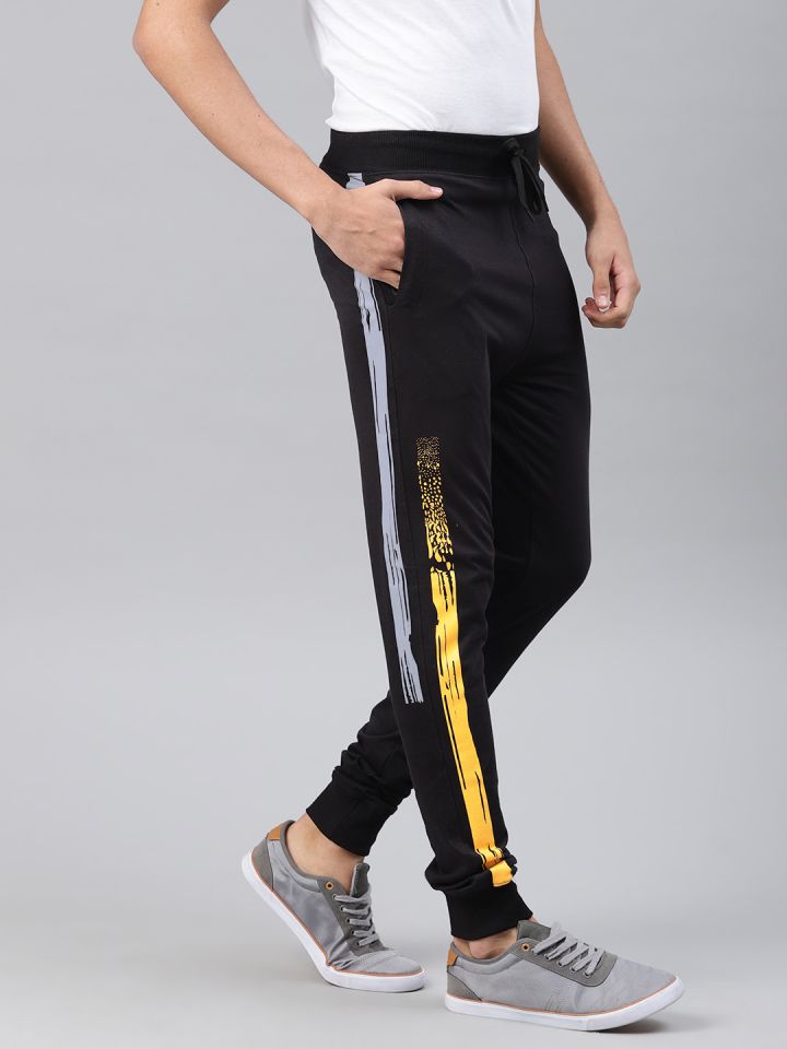 Mens black pants with gold shop stripe