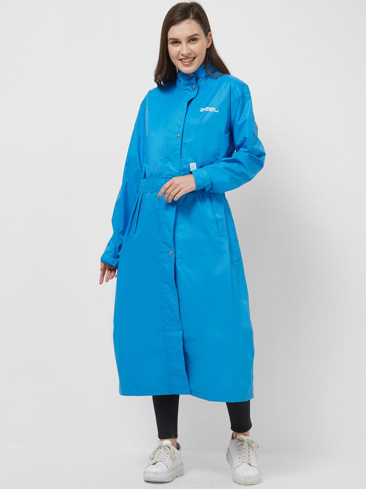 Zeel Womens Blue Solid Longline Rain Jacket