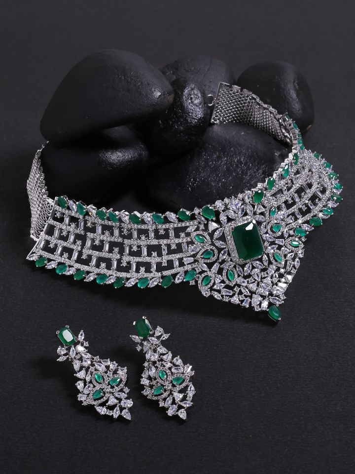 Studio Voylla Women Silver Plated Green Stone Studded Jewellery Set