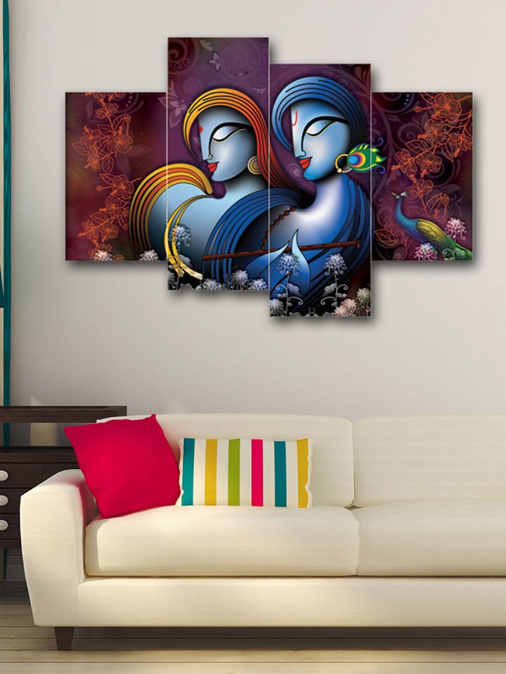 Buy Ecraftindia Set Of 4 Multicoloured Radha Krishna Canvas Wall