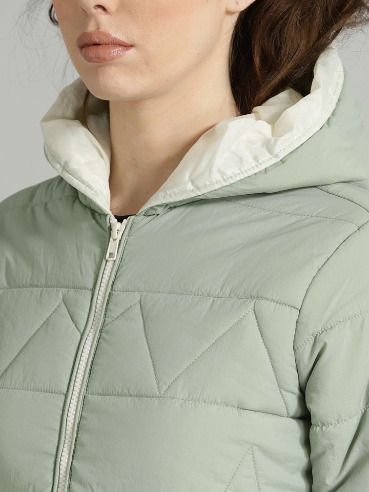 The Roadster Lifestyle Co Women Sea Green Solid Padded Hooded Jacket
