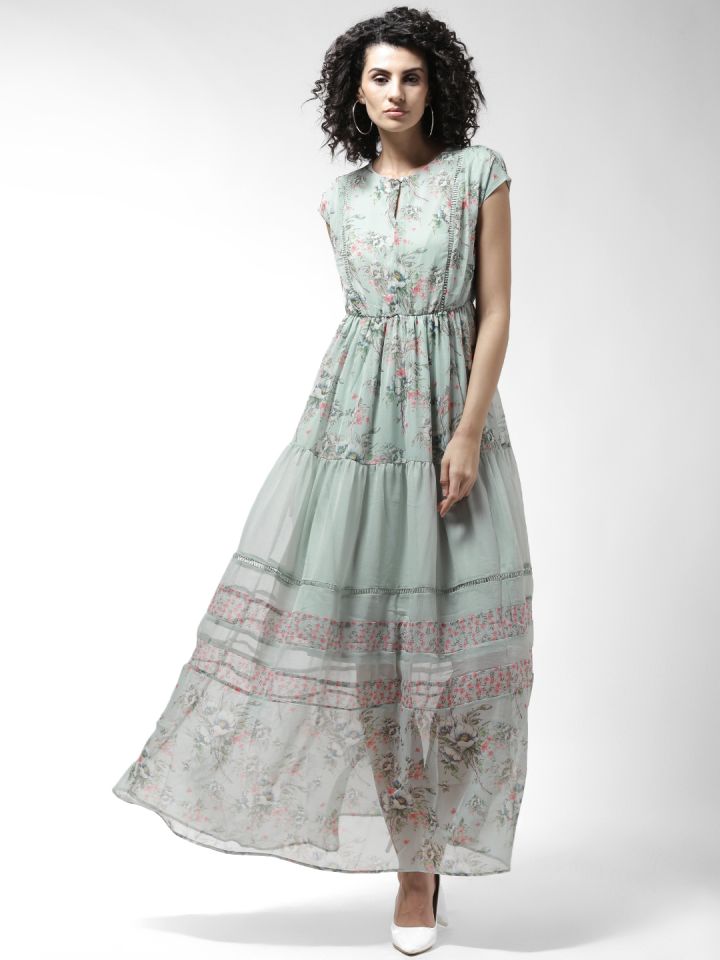 Madame Women Sea Green Printed Maxi Dress