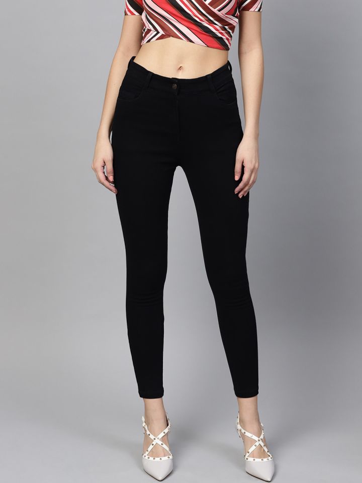 Buy SASSAFRAS Women Black Slim Fit Mid Rise Clean Look Stretchable
