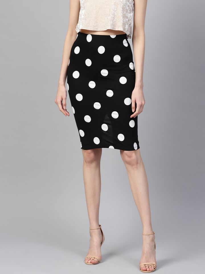 Buy SASSAFRAS Women Black White Polka Dot Print Pencil Skirt