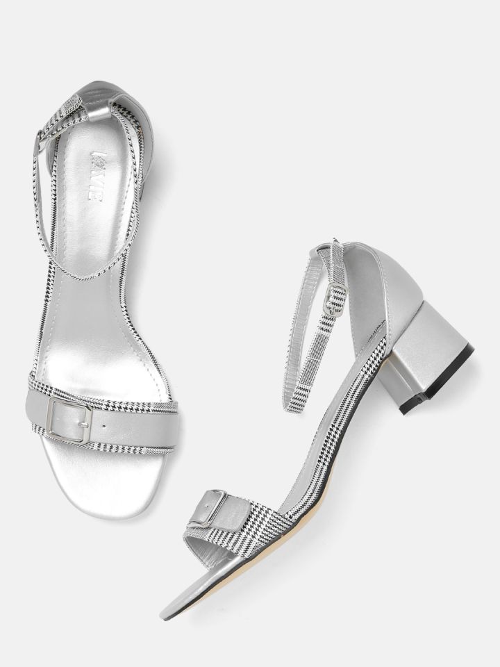 white and silver block heels