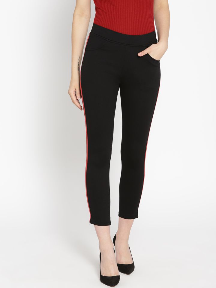 Buy Purple Feather Women Black Solid Side Striped Cropped