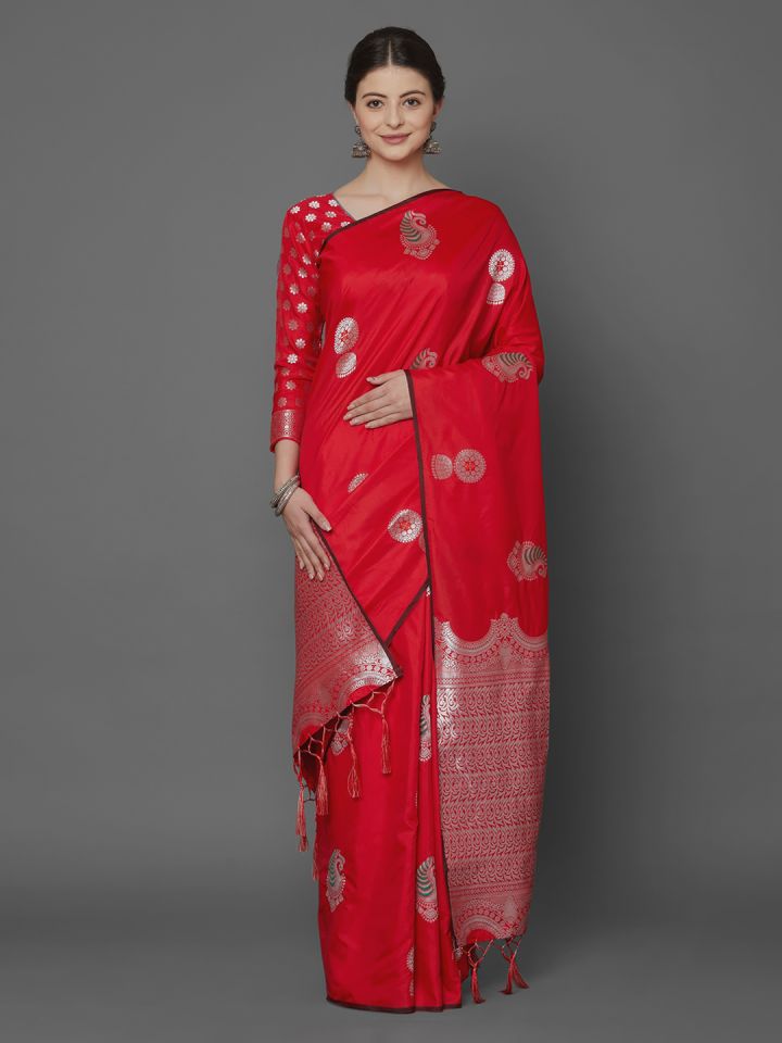 Mitera Red Silk Blend Printed Kanjeevaram Saree