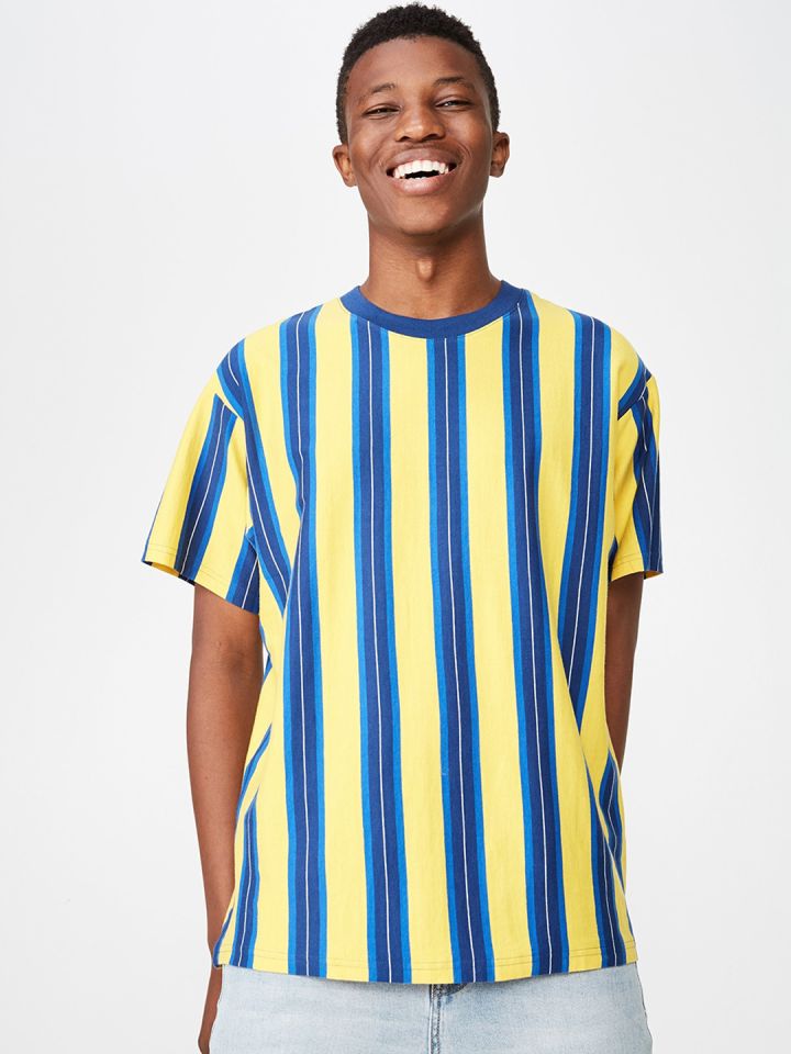 Buy COTTON ON Men Yellow Blue Striped Round Neck T Shirt
