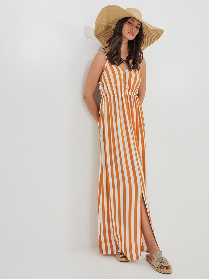 Buy Promod Women White Mustard Yellow Striped Maxi Dress