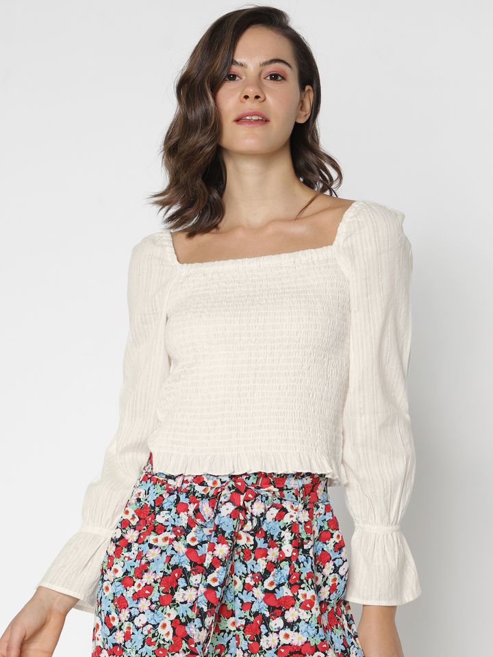 White Striped Cropped Smocked Top 