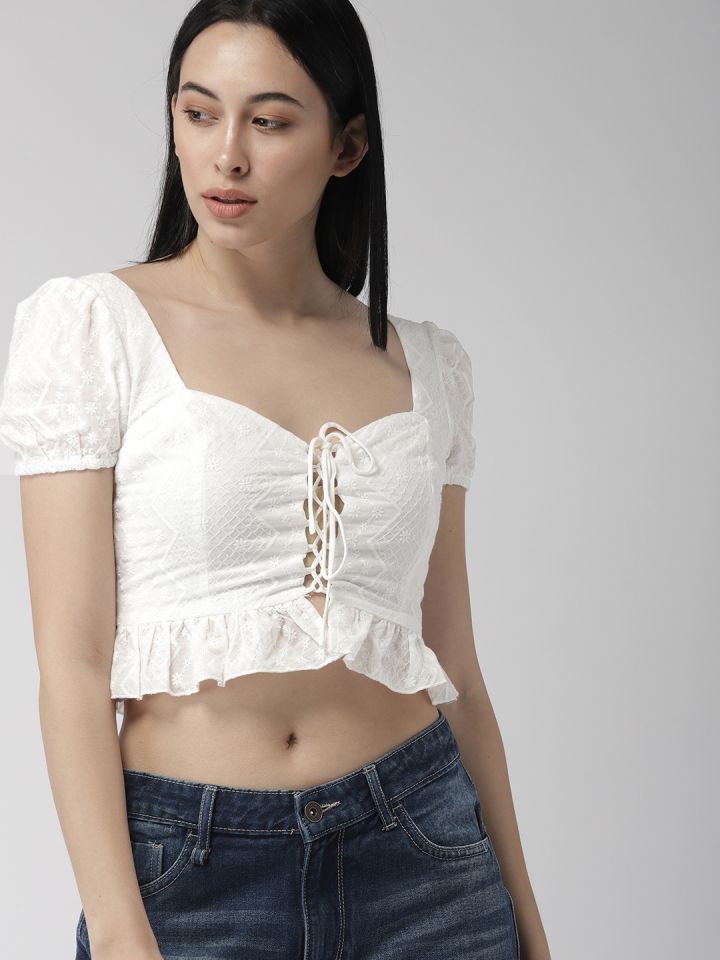 FOREVER 21 Women White Self Design Crop Pure Cotton Top