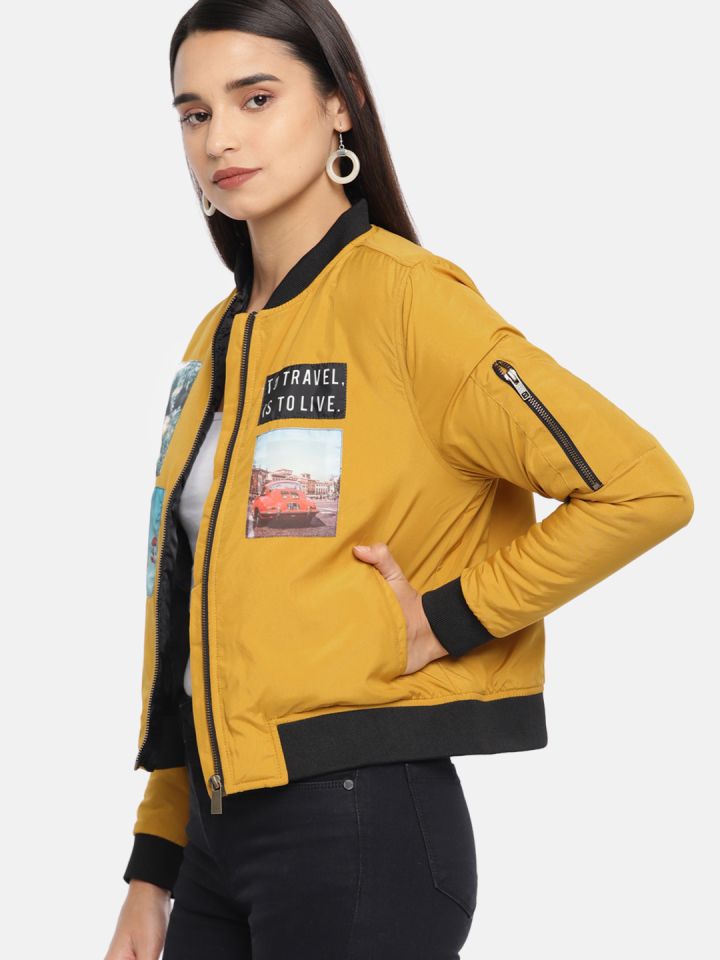 Mustard yellow bomber jacket womens store