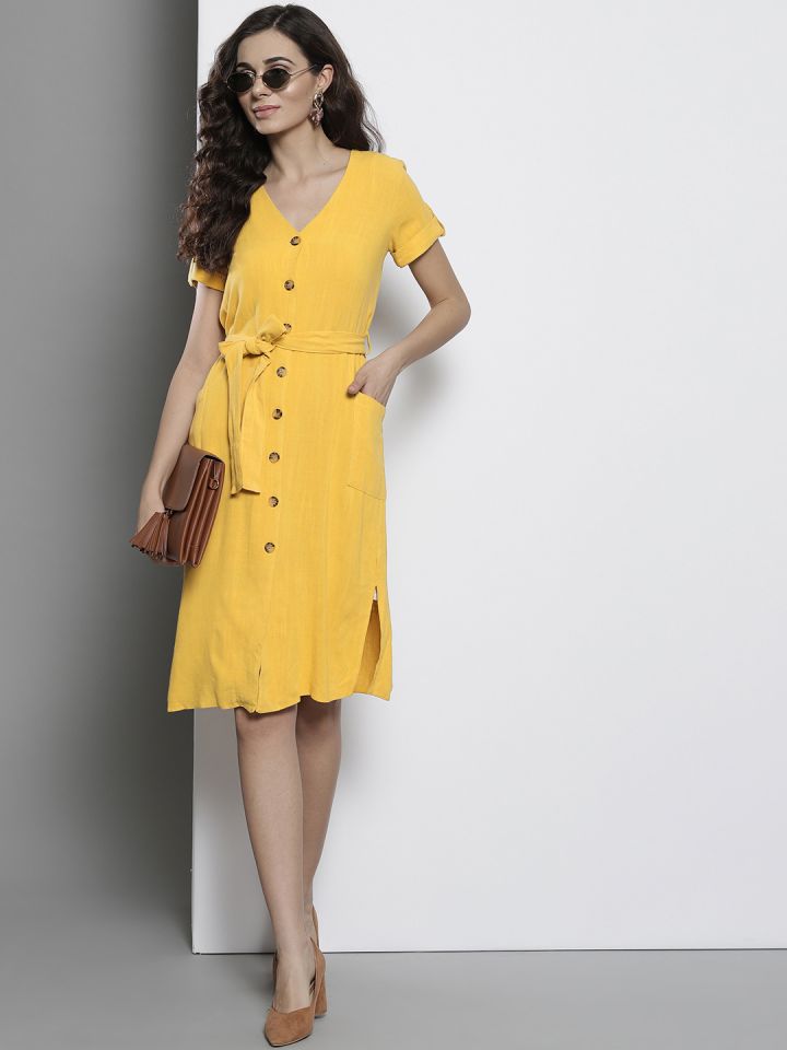 Buy DOROTHY PERKINS Women Mustard Yellow Solid A Line Dress