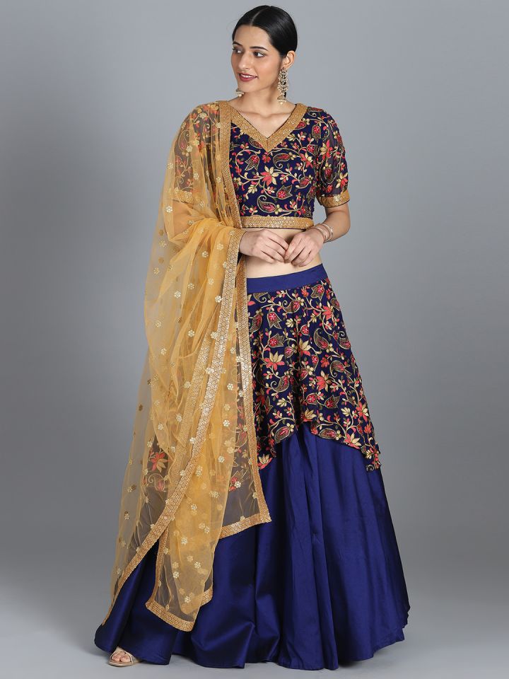 Buy Bollywood Vogue Navy Blue Gold Coloured Embroidered Made To