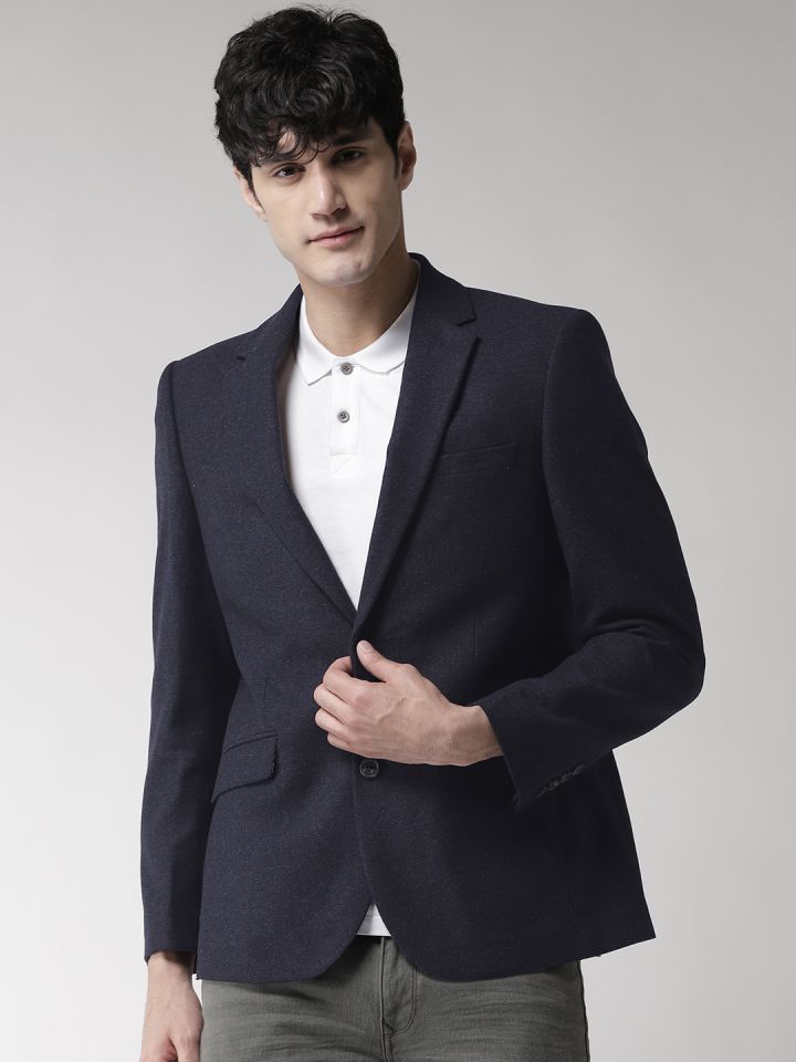 Marks Spencer Men Navy Blue Solid Single Breasted Semiformal Blazer